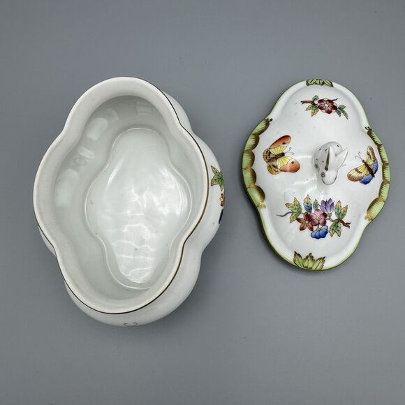 Vtg Herend Queen Victoria Porcelain Rd Box & Lid Trinket Dish with Bunny Finial - Picture 6 of 10